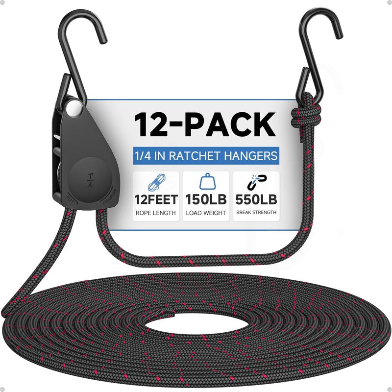 Fondwell 1/4" Rope Tie-Downs Ratchet Straps: 12 Pack of Heavy Duty Adjustable Hangers for Various Hanging and Strapping - Image 1